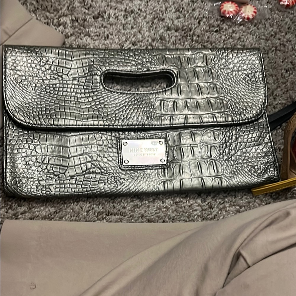 Nine West Silver Textured Clutch with Metallic Accents